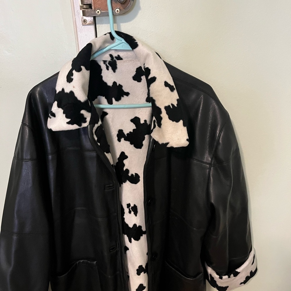 Others Follow Black Leather Jacket with Cow Print Lining